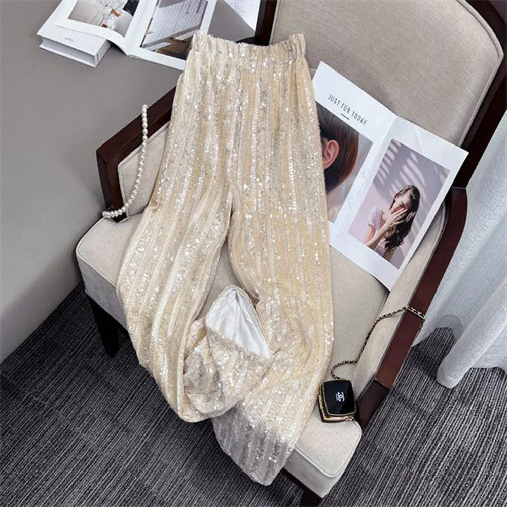 Sequins Pants Women Elastic High Waist Glitter Loose Wide Leg Trousers Vintage Fashion Full Length Shiny Straight Pant Female