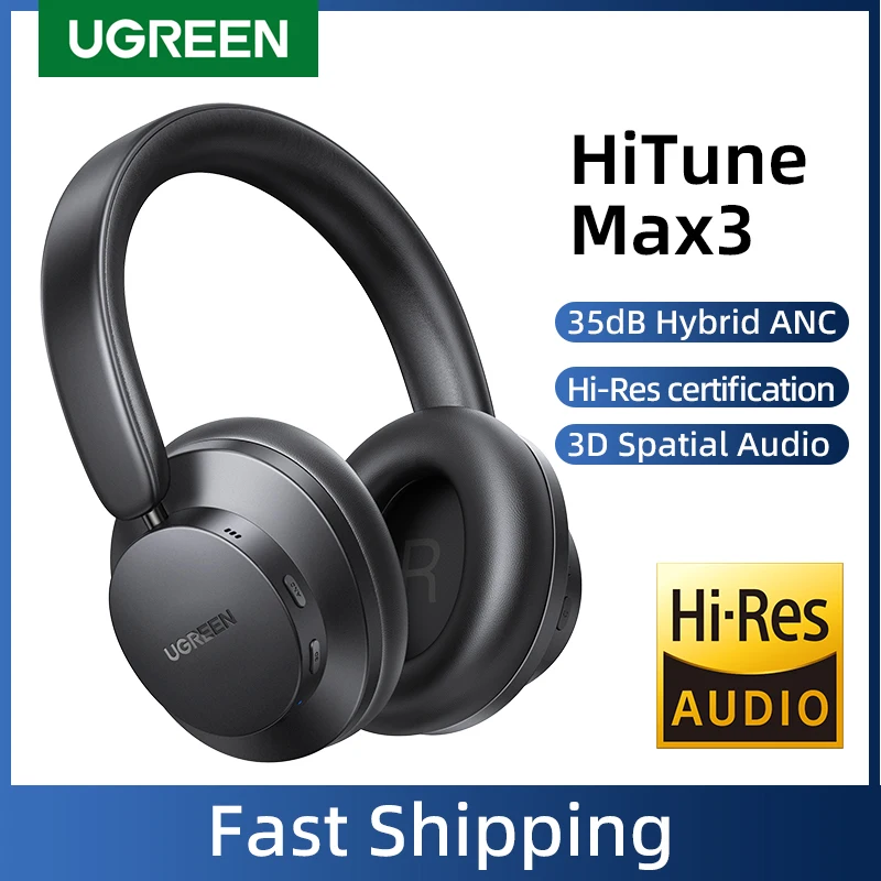 Ugreen hitune max3 híbrido 35db anc cancelamento de ruído ativo fones de ouvido sem fio sobre fones de ouvido bluetooth, áudio espacial 3d