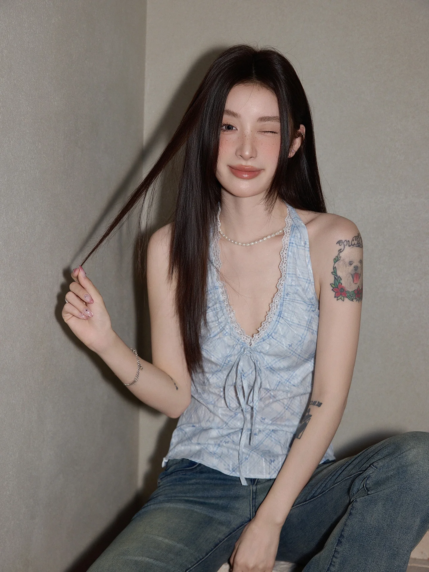 

Blue Lace Trim Svel Crop Top Women's Summer Beach Vaion Slim Fit Hanging Ne Strap Vest Commute Sle Polyester Cotton