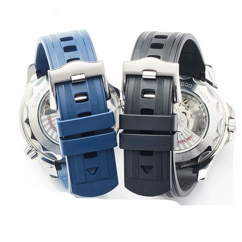 For Omega 20mm Arc Interface Rubber Accessories Original Replace New Old Haima 300 Fluorine Rubber Black Blue OMG Watchband