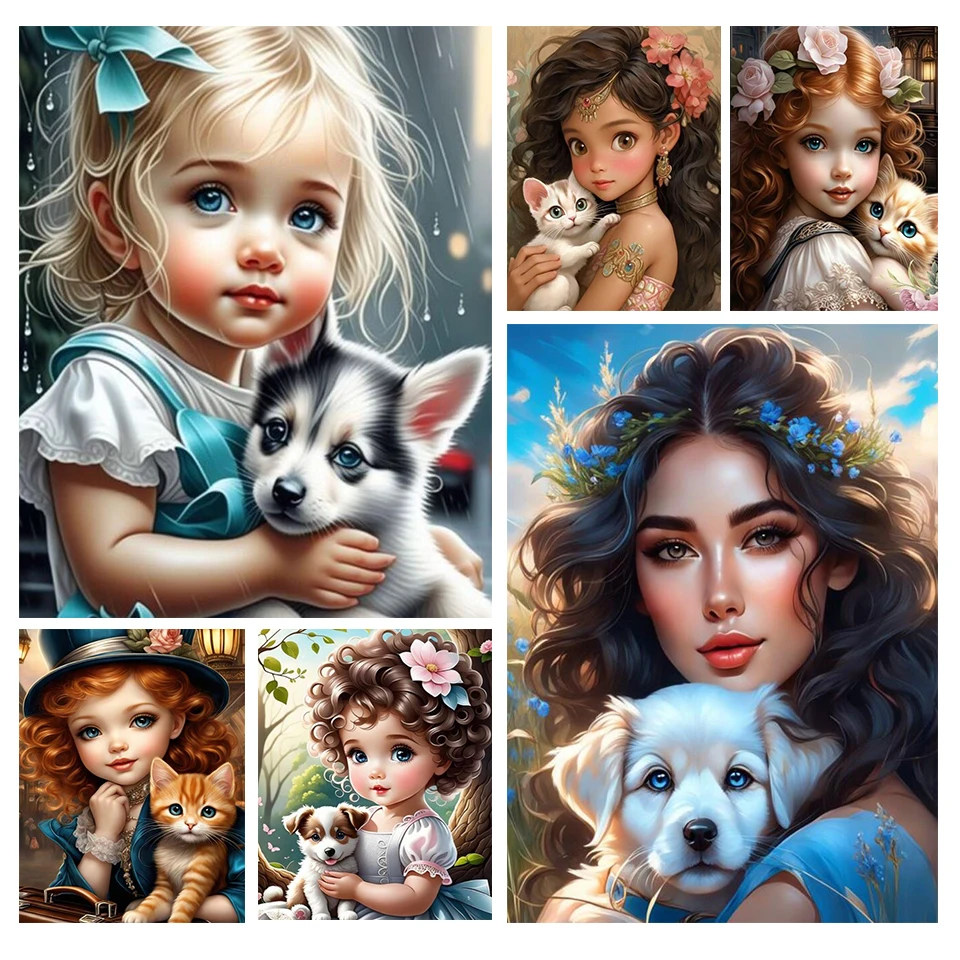Pintura de diamante de niña y perro, venta de taladro redondo completo, decoración del hogar, imagen de diamantes de imitación, mosaico de diamantes, Kits de punto de cruz, Animal