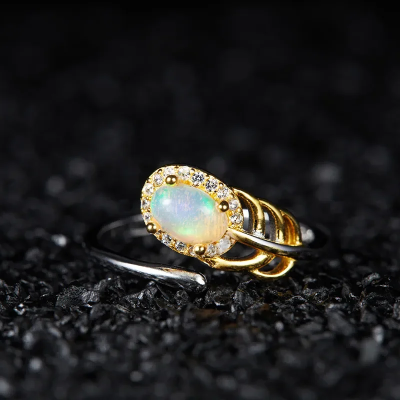 Retro ring 925 sterling silver inlaid with natural opal egg surface colored treasure ring women's light luxury simple and