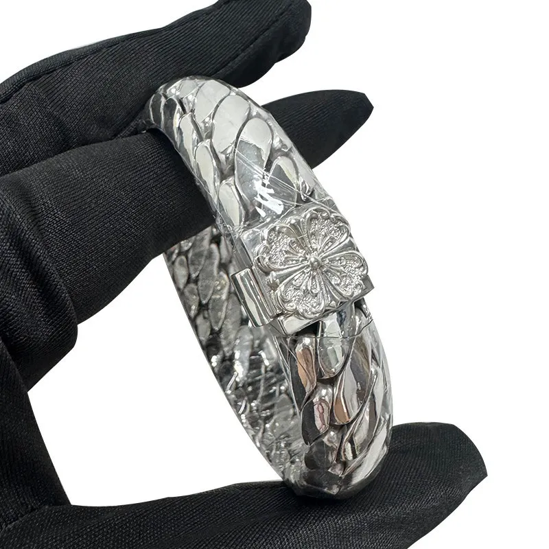 Vintage Silver Plated Triple Rope Cuban Bracelet, Hand Carved Holy Relief Petal Punk Unisex Statement Wrist Jewelry Gift