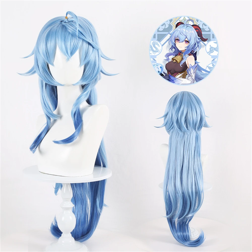 Anime Ganyu Cosplay Wig 100cm Long Blue Gradient Cruly Women Wigs Heat Resistant Synthetic Hair Halloween Party Wig + Wig Cap
