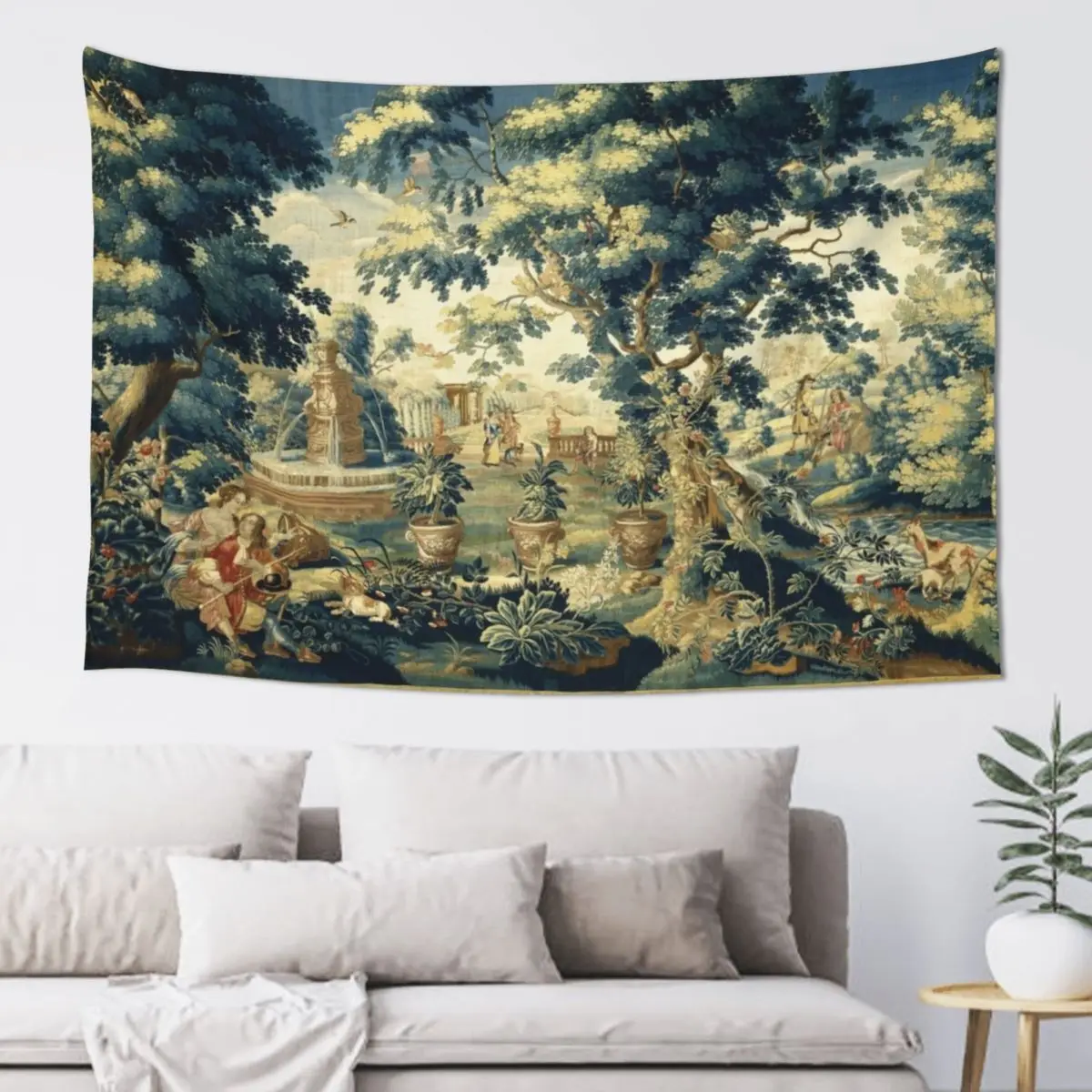 

PARK SCENE WITH TREES,SITTING COUPLE AND HUNTERS IN WOODLAND LANDSCAPE Antique Flemish Tapestry Wall Tapestries Tapestry