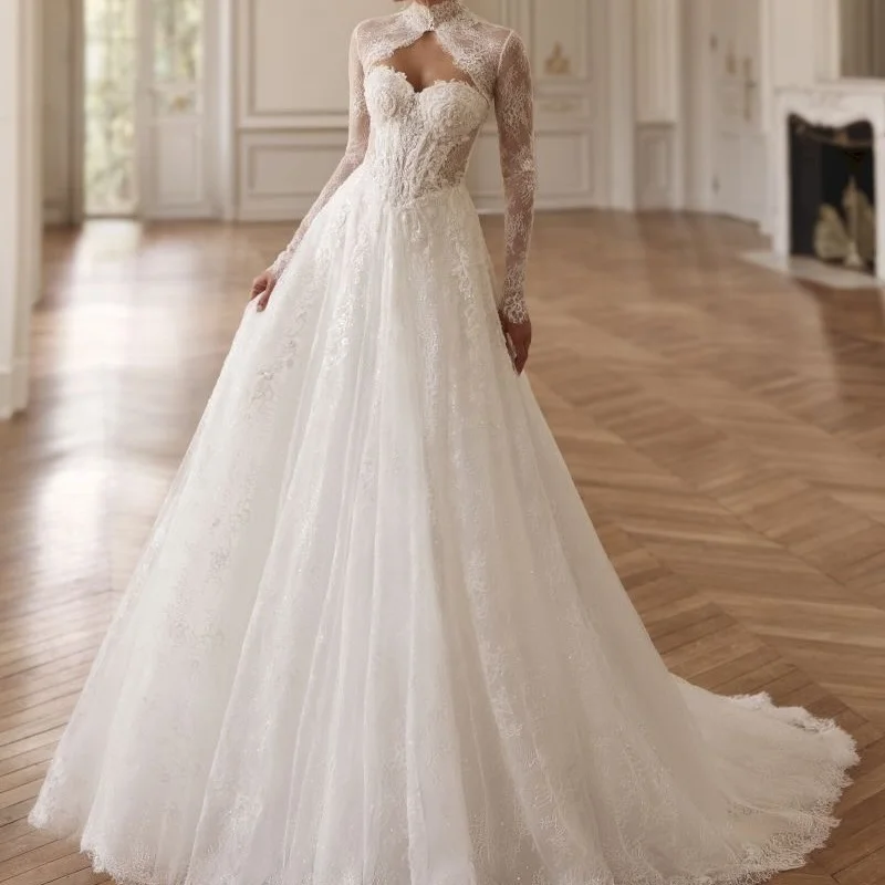 Lace White Wedding Dresses Glitter Beadwork Decal Skirt Long Tail A-line Skirt Layered Made Wedding Dress Bridal Gown Customize