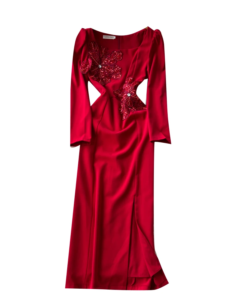 Abito da donna ricamato a maniche lunghe, vestibilità slim, vita alta, linea ad A, con paillettes e ricami elaborati, ideale per il commuting.