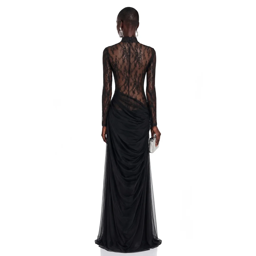 Vestido de Noche Cathy Personalizado Negro con Pliegues Drapeados, Malla Ilusoria, Vestidos de Noche con Encaje Bordado, Vestidos de Noche Sexys 2026