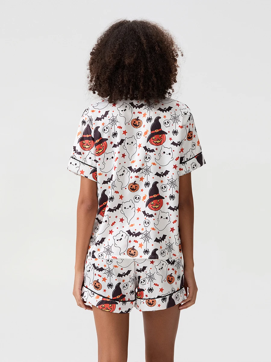 Conjunto de pijama feminino de Halloween com estampa de abóbora fantasma manga curta com fecho de botão e shorts roupa de dormir