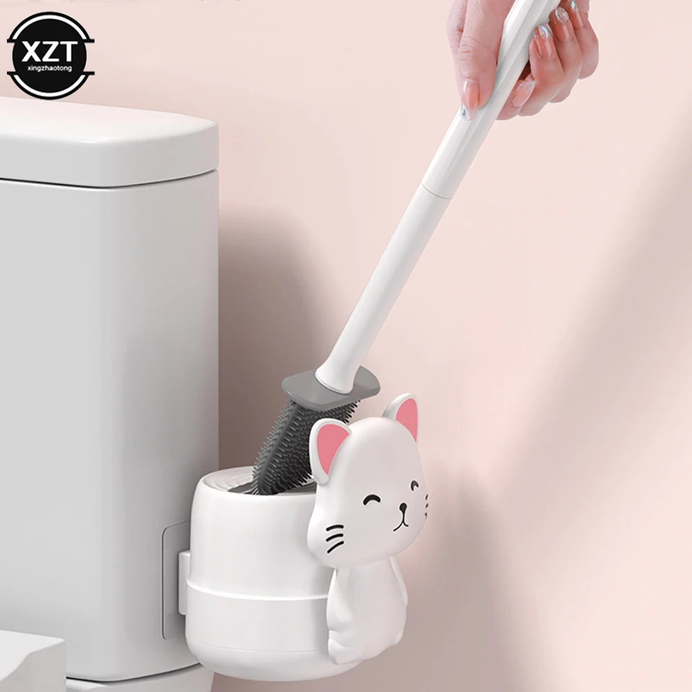 No Dead Angle Sanitary Brush Cute Cat Base Long Handle Squat Pit Cleaning Washing Toilet Artifact Toilet Brush Sets Wall-mounted