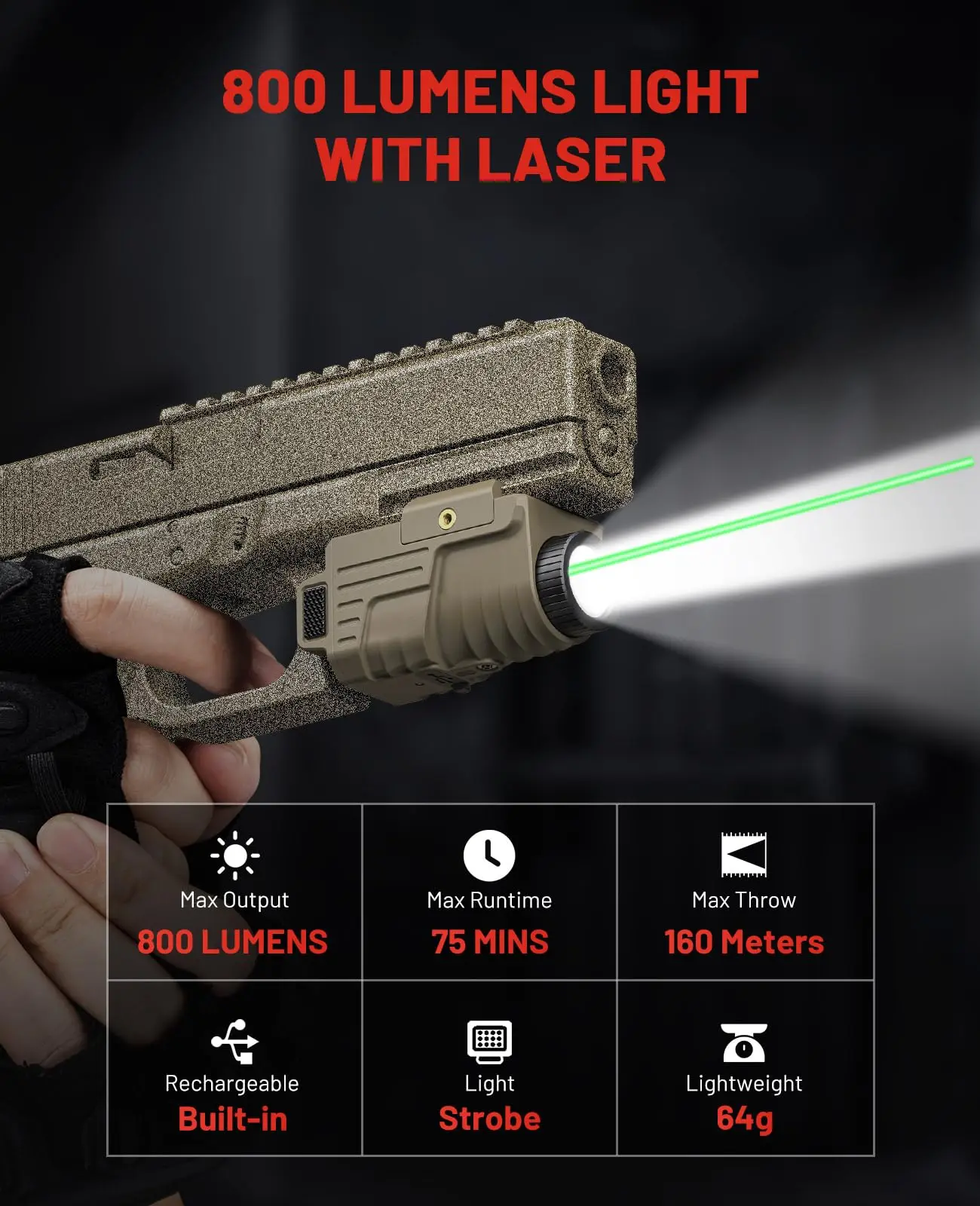 EZshoot Flashlight Pistol Light Green Laser Combo Rechargeable with Slidable Rail Compatible with G-lock and Picatinny Hunting - view 3