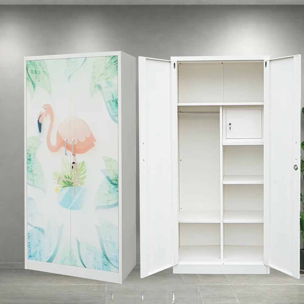 Foshan Factory Direct 2-Door Steel Printed Floral Wardrobe Modern Home Furniture Bedroom Storage Cabinet Clothes Fabric Lemari