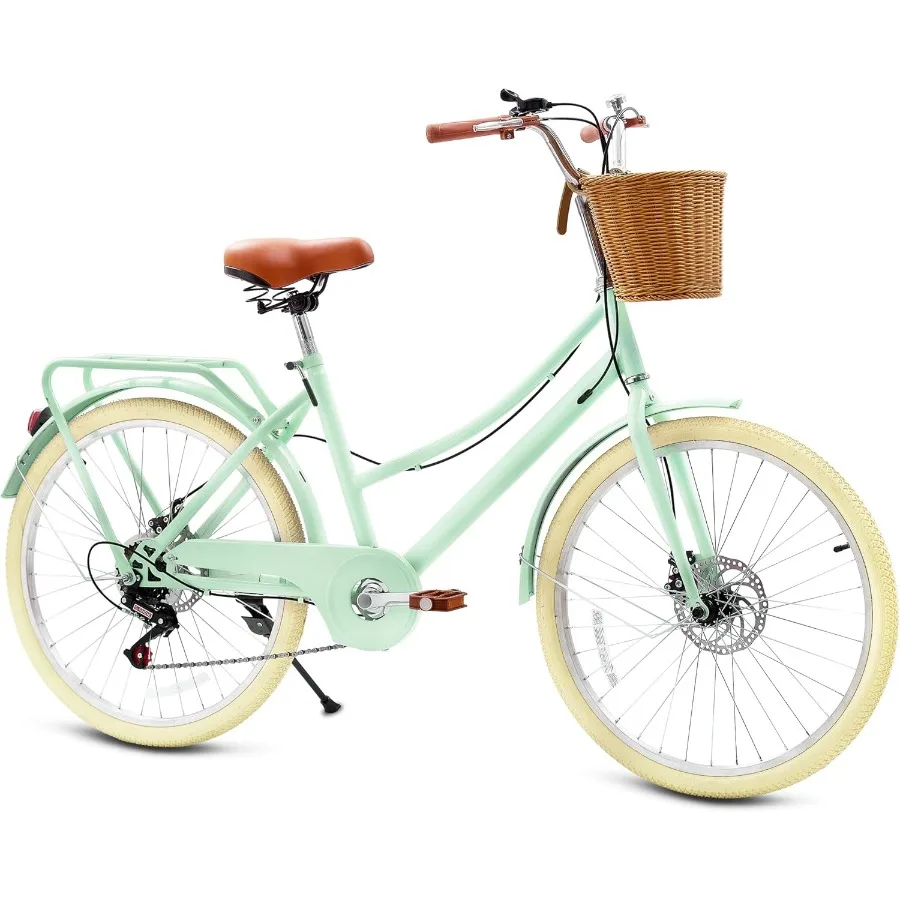 

Retro Cruiser Bike for Girls Aged 6-14 20-24 Inch 7-Speed Youth Bicycle with Rattan Basket Dual-Disc Brake Carbon Steel Frame L