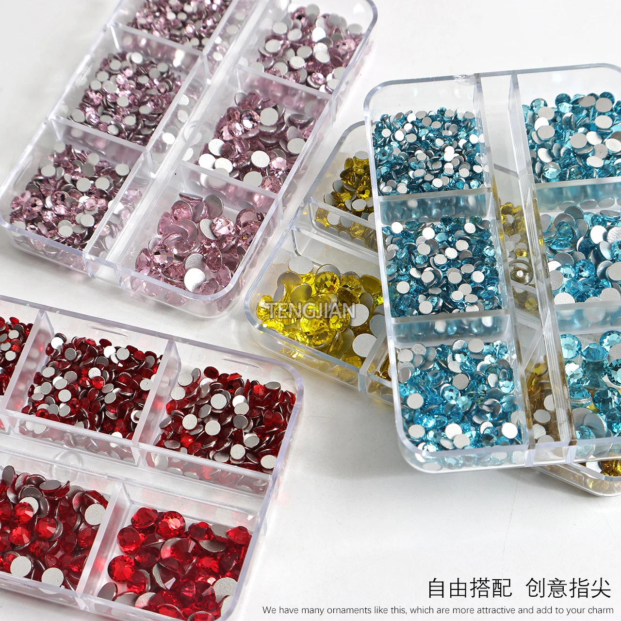 High Quality 6 Grid Box Flat Back Glass Crystal Round Diamond SS6-SS20 Nail Art Rhinestone 30Color Apply To Manicure Ornament