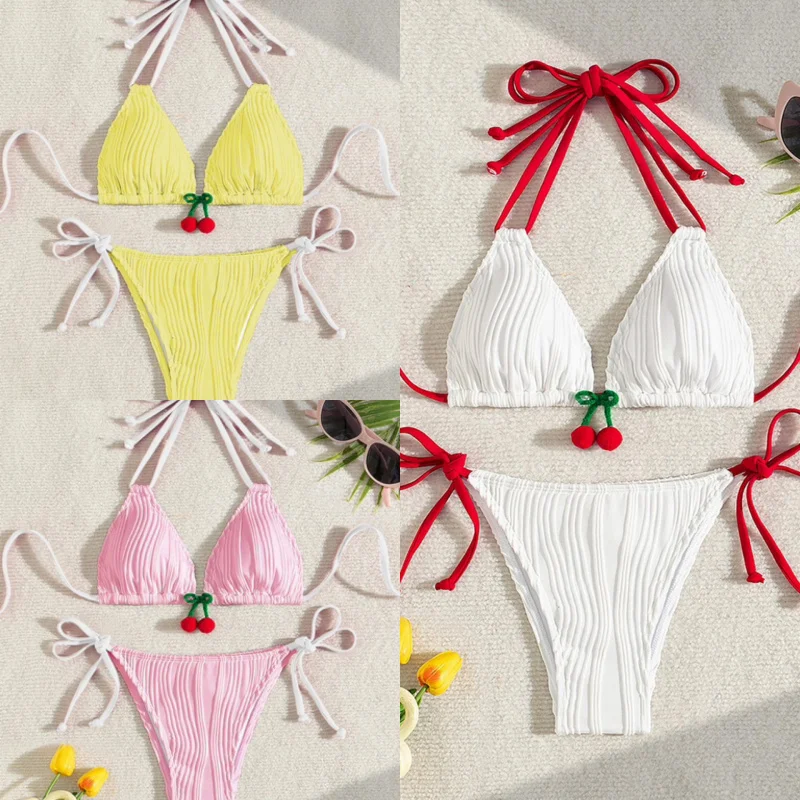 

New women's swimsuit, ultra-sexy three-piece bikini with cherry straps, high-end seaside vacation wear