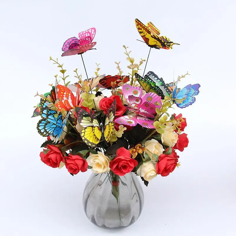 20Pcs/Set Double Layer Simulation Butterfly Stake Outdoor Garden Decoration 3D Butterfly Party Lawn Yard Flower Decor