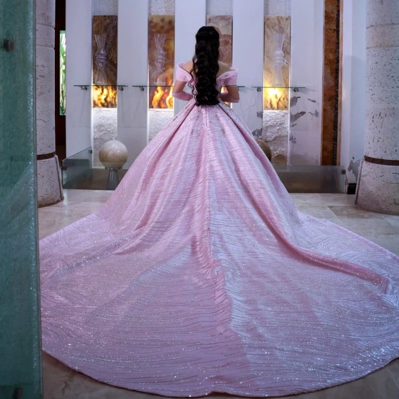Satin Shiny Pink Quinceanera Dresses Off the Shoulder  Sequins Crystal Decal Long tail Bow Vestidoe 15 Quinceanera Customize