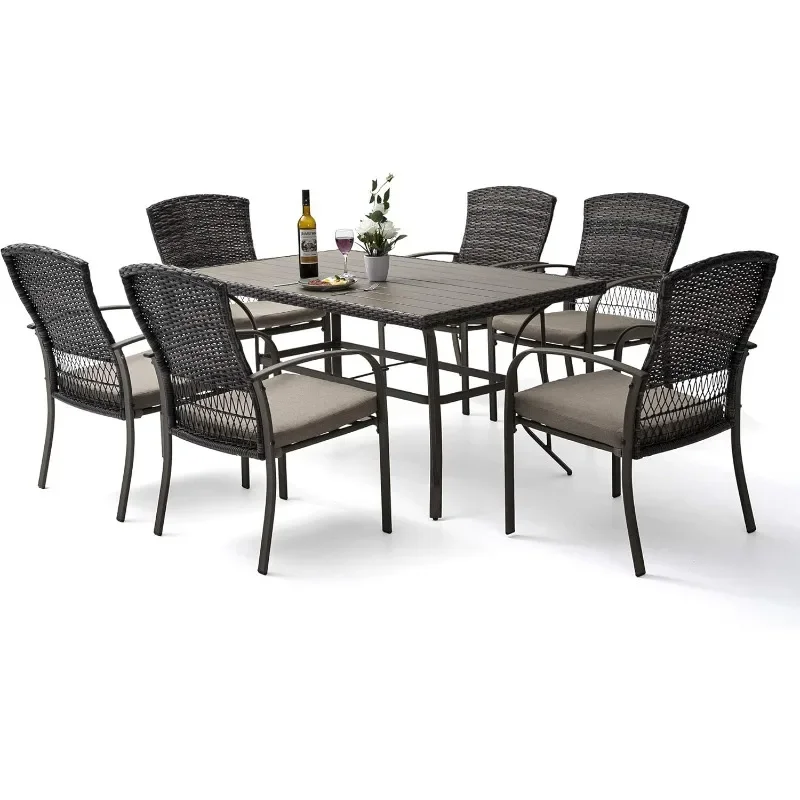 

8504 Patio Dining 7 Piece, Outdoor Wicker Furniture Set for Backyard Garden Deck Poolside/Iron Slats Table Top