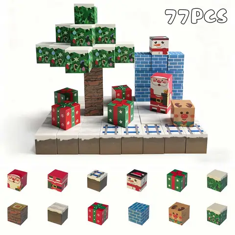 Creative 77 PCS Christmas Magnetic Cubes Family Fun Building Blocks Educational DIY Stacking Construction Toy Gift for Children