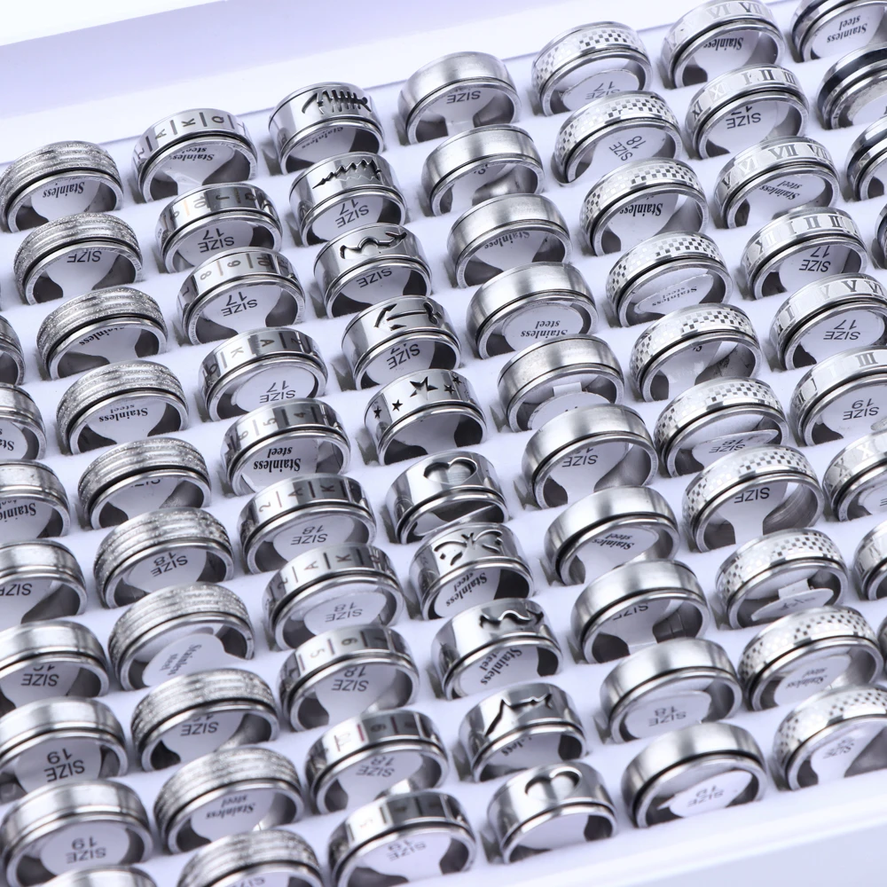 10/20/30/50Pcs/Lot Classic Trend Hollow Out Number Stripe Rotatable Stainless Steel Rings Mix Style Men Jewelry Gifts Wholesale