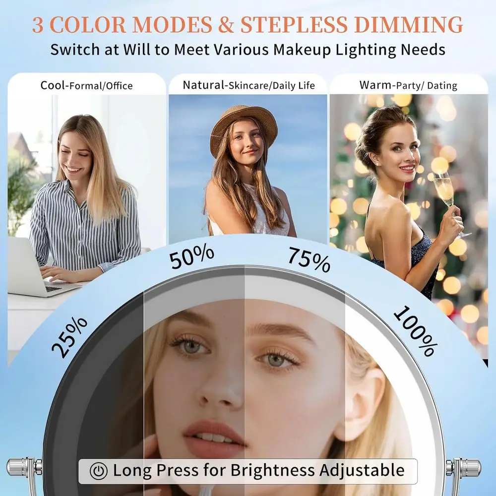 10 Dual-Sided LED Lighted Makeup Mirror, 4500mAh Rechargeable, 3 Color Modes, Touch-Dimmable, Extendable Arm, Chrome Finish