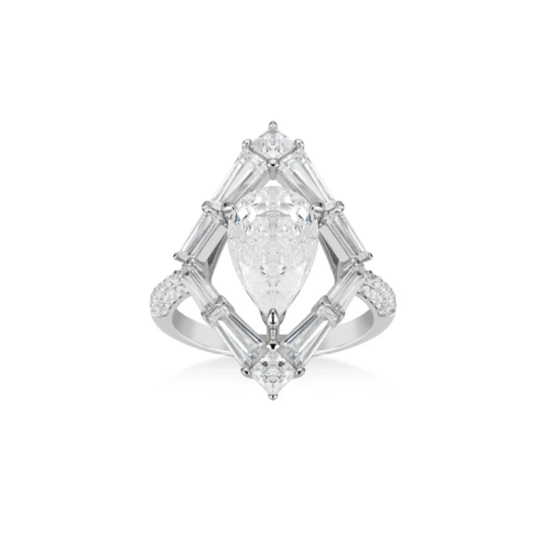 Bellux Lab Grown sapphire Eiffel Tower 5ct Super Sparkling Ice Cut Water Drop Diamond Geometric Edges Luxury 925 Silver Ring