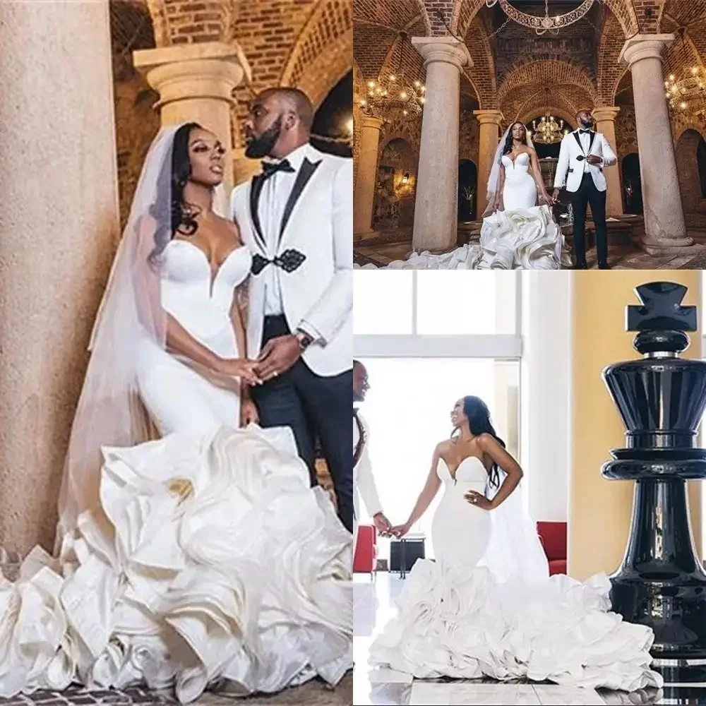 Customized Sweetheart Mermaid Wedding Dresses Bridal Gowns Cascading Ruffles Tiered Cathedral Train Plus Size Nigerian F