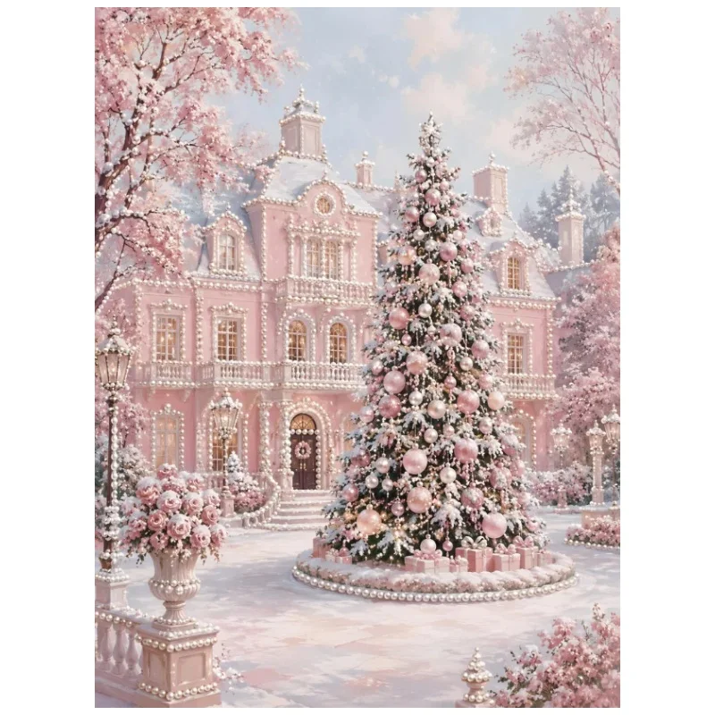 5D Diamond Painting Pink Castle Christmas Tree Snow Scene No Frame DIY Handmade Wall Art Decor Gift