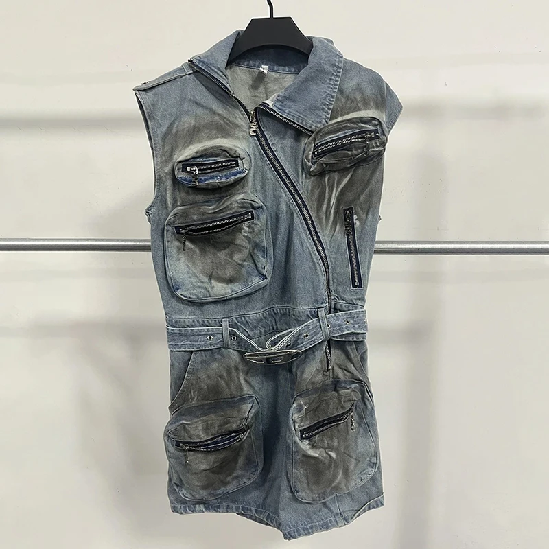 BPN Spliced Pocket Jumpsuits For Women Round Neck Sleeveless High Waist Patchwork Zipper Streetwear Denim Jumpsuit Female Style