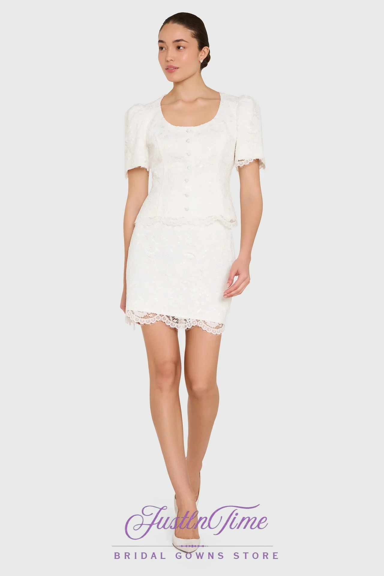 JUSTLNTIME Lace Two Piece Puff Short Sleeve Wedding Dress O-Neck Mini Sheath Button 2026 Bridal Gown Customized Vestido De Novia