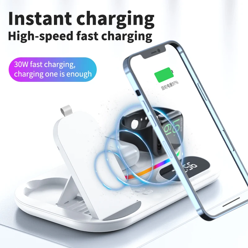 LED 4 in 1 Wireless Charger Dock Fast Charging Station for Apple Airpods iWatch iPhone 12 13 14 15 Pro Samsung Xiaomi Huawei