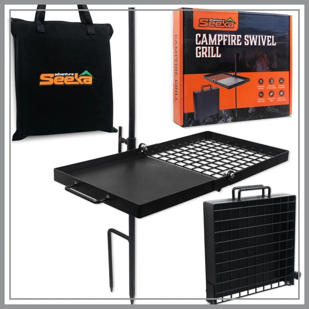 

24 Inch Heavy Duty Folding Campfire Grill, Compact Swivel Design, Food-Safe Cooking Surface, Grate & Griddle for Camping