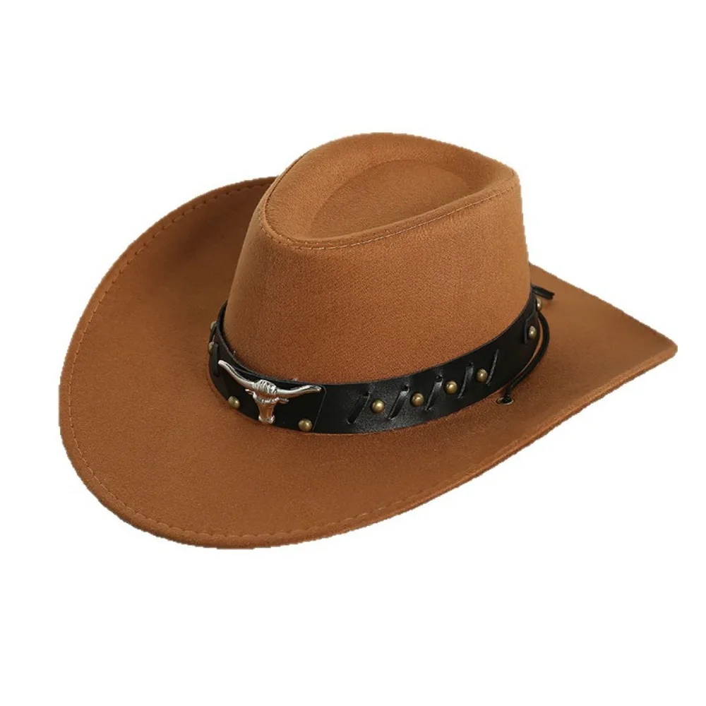

Cool Ethnic Style Western Cowboy Hat Wide Brim Roll Brim Cowgirl Jazz Hat Cow Head Solid Color Knight Hat Sun Protection