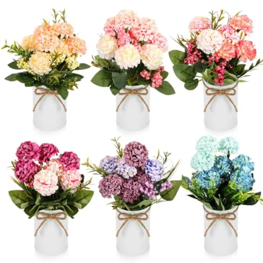 

6 комплектов искусственных цветочных композиций для декора столов с вазами и джутовой веревкой, имитация гортензии B