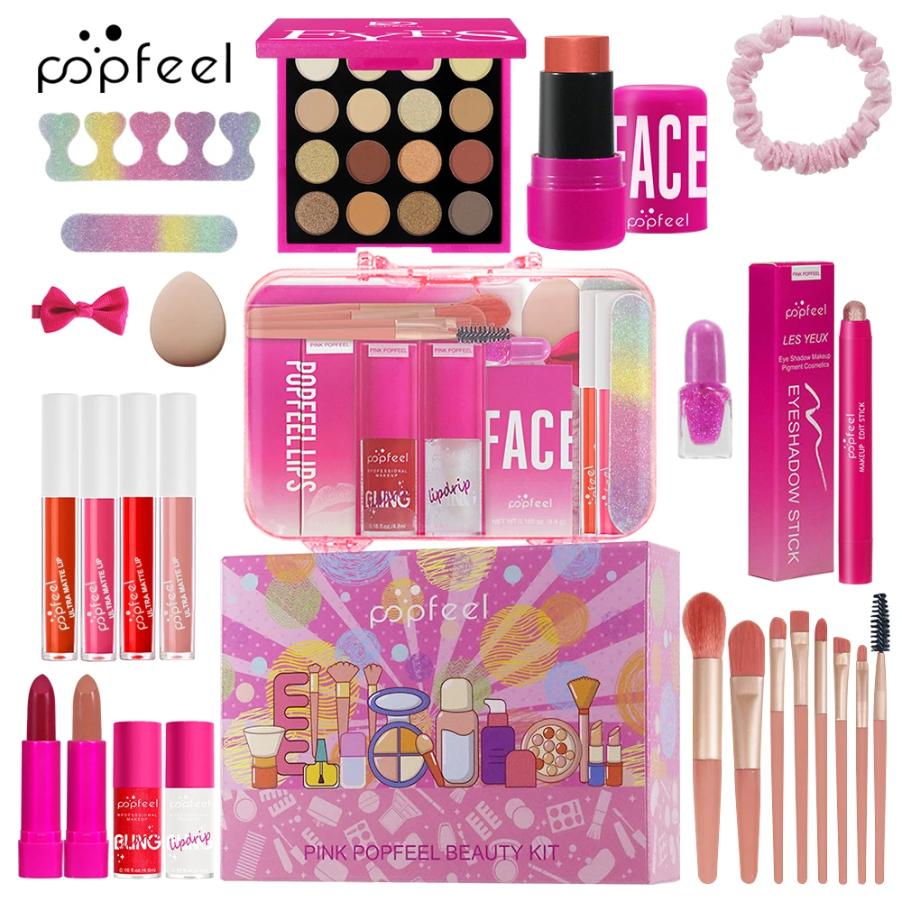 POPFEEL Różowy Zestaw do Makijażu - Kompletny Zestaw Cieni do Powiek, Podkładu i Pomadki na Święta i do Prezentowania na Boże Narodzenie.