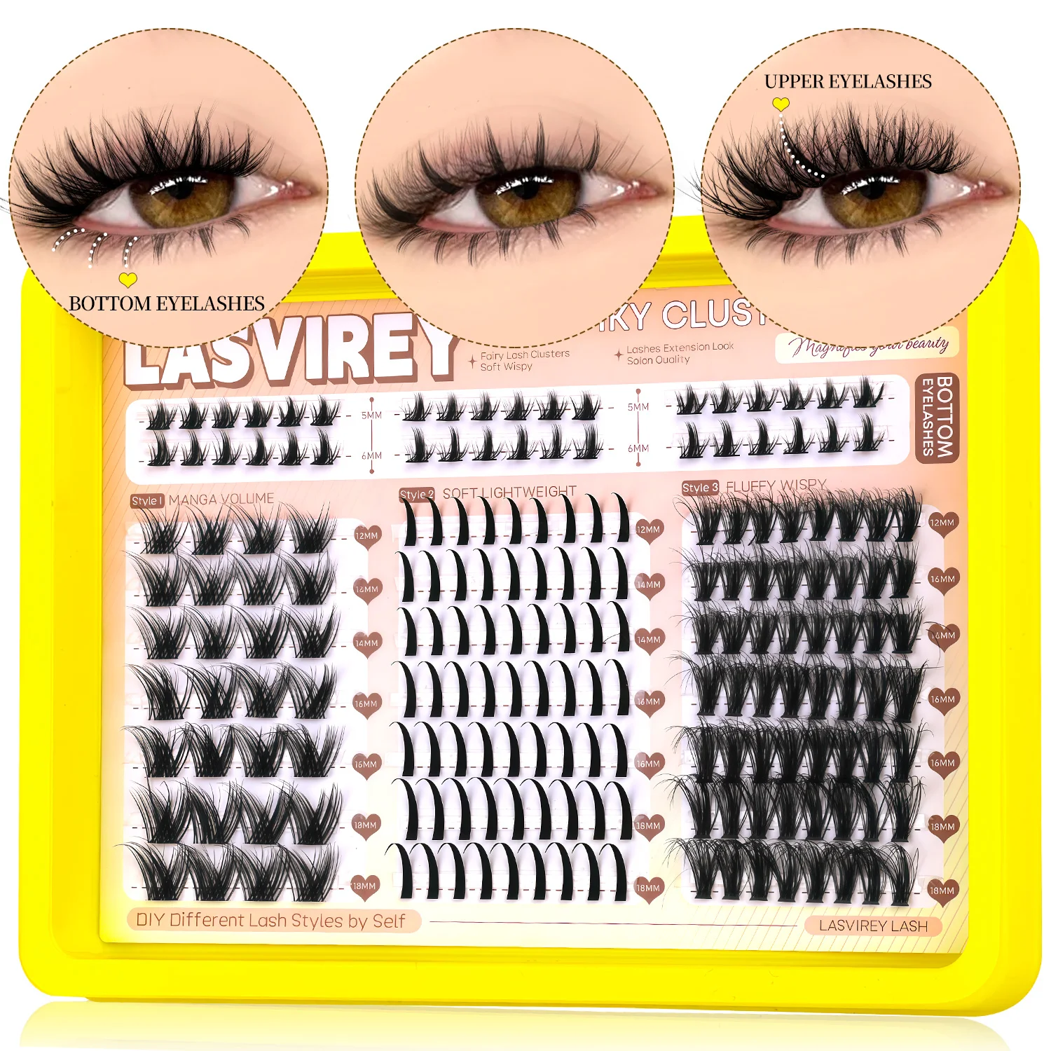 Lasvirey Wimpern-Cluster-Set zum Selbermachen, 4-in-1-Cluster-Wimpern, natürliches, flauschiges, gemischtes Tablett, einzelne Wimpern mit unterer Wimpernverlängerung