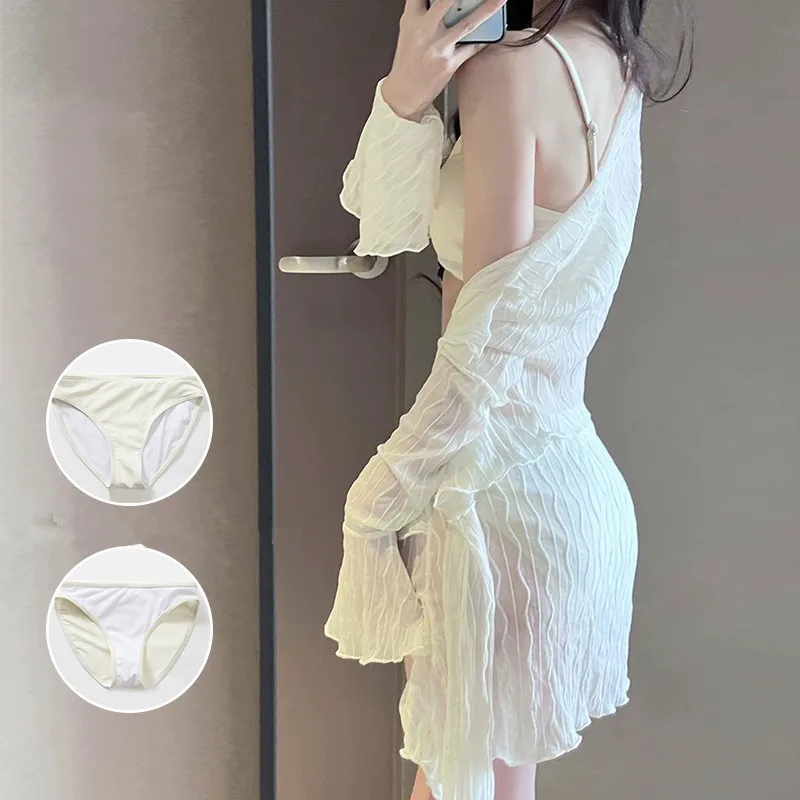 sexy Korean fashion beige plain bikinis sets 4pcs irregular long sleeve cover tops mini skirt swimsuit swimwear bathing suit