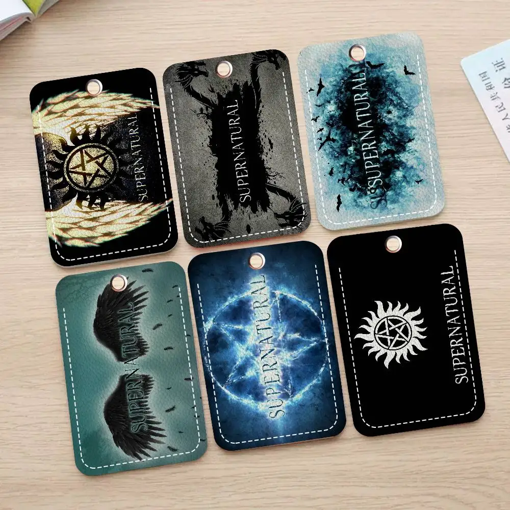 Supernatural Lucifer Wings Logo Rectangle Card Case Keychain Access Card Bag Key Tag Ring Leather Card Holder Key Ring Access