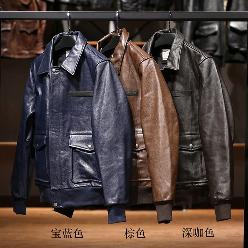 Casual American A2 bomber real leather Black brown blue men's slim short top layer genuine cowhide leather jacket