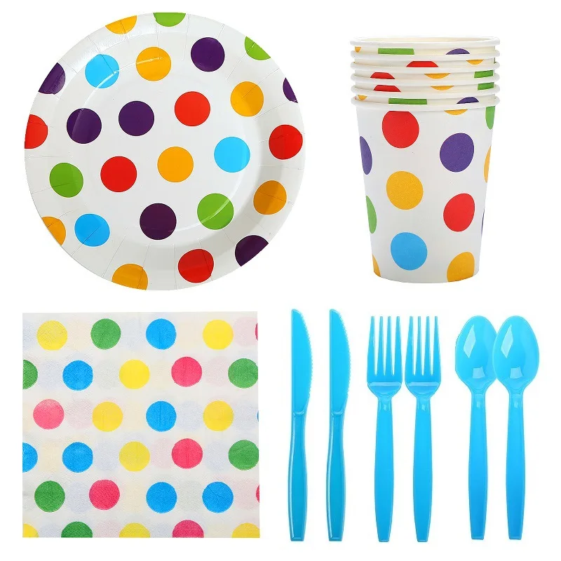 Children\'s birthday color polka dot theme party set, paper napkins paper cups paper plate picnic disposable cutlery party decora