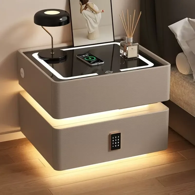 Modern Intelligent Suspended Bedside Table Simple Solid Wood Multifunctional Bedroom Nightstand Side Table with Lamp for Home