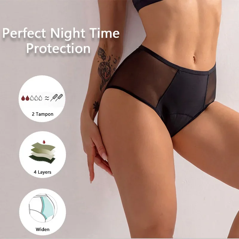 

4-layer Reusable Menstrual Underwear Women Big Size Panty Black High Waist Leak Proof High Flow Menstruation Period Panties