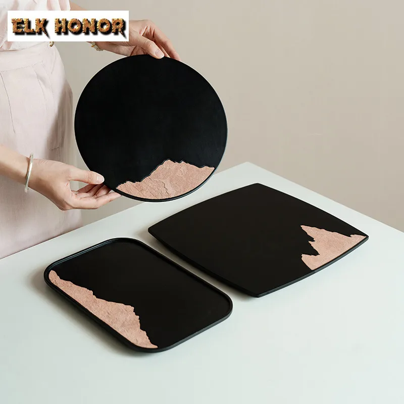 

Nanmu Bamboo Charcoal Black Circular Tea Tray Japanese Cuisine Table Coffee Storage Board Teapot Stove Dishes For Serving Teaset