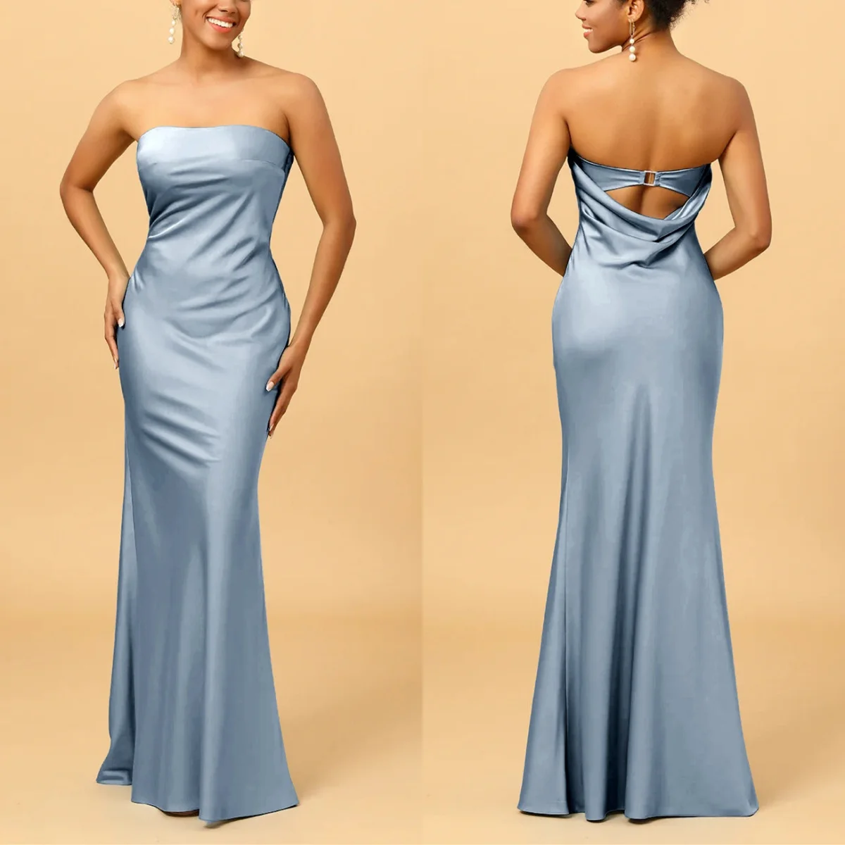 

Satin Strapless Long Bridesmaid Dresses Simple Plain Sleeveless Backless Mermaid Party Dress Ruffles Women's Wedding Guest Gowns