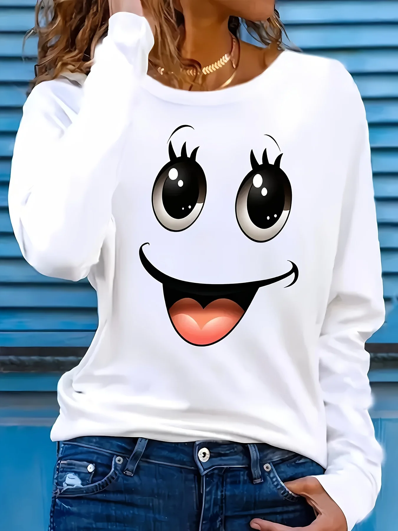 

Spring and Autumn Women's 100% Cotton Fashion Casual Loose 3D Smile Pattern Printed Long Sleeve Round Neck T-shirt