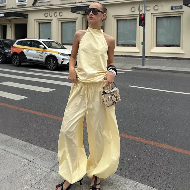 Typhaland Casual Top Bloomers Set Women's Sexy Halter-Neck Sleeveless Top Solid Loose Wide-Leg Balloon Pants Set 2026Summer New view 4