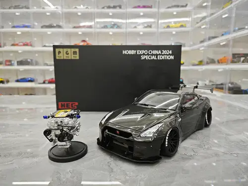 PGM-R35メタル静的車モデル、エンジンシミュレーション、限定版、すべてのオープン合金、おもちゃのギフト、趣味expo、中国、1:18、24