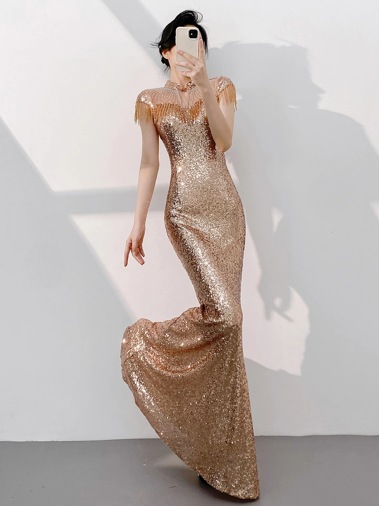 

Rose Gold Sequin Women's Evening Gown 2026 New Sle Faionable Mid-Waist Long Dr for Host Cany Annual Meeting Perf...