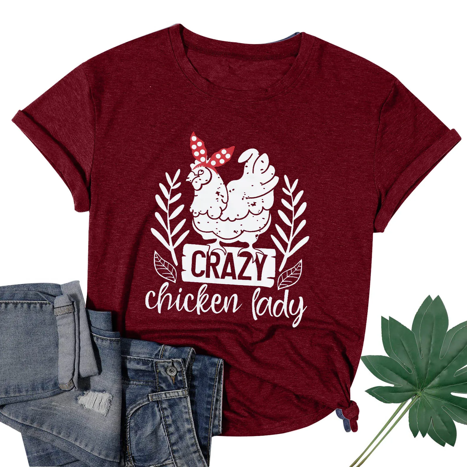 Women Casual T Shirt Crazy Chicken Lady Letters Printing Shirts Round Neck Short Sleeve Tee Shirt Femme Tops Tunic Tshirt Woman