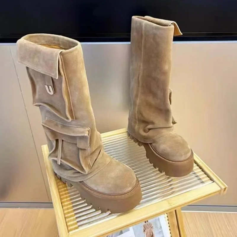 Botas de invierno para mujer, botas marrones, suela gruesa, botas de pantalón con bolsillo retro, zapatos de moda para mujer